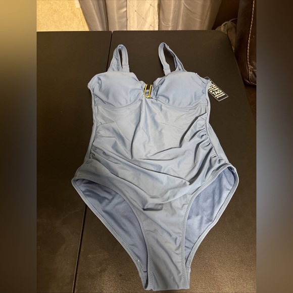 Chic Blue One-Piece Swimsuit with Gold Accent - Picture 9 of 9